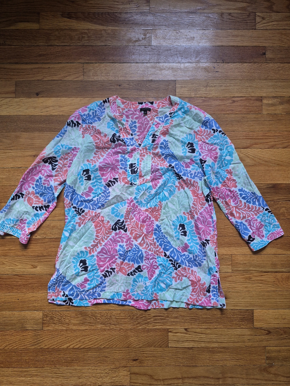 Patterned V-Neck Tunic Top - Pink, Blue & Green